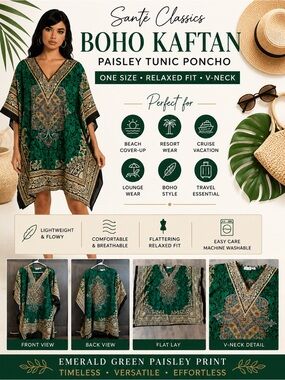 Santé Classics Boho Paisley Kaftan Cover Up Tunic Poncho One Size Green